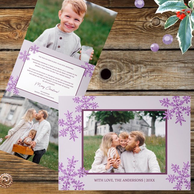 Snowflake Purple Glam Elegant 5 Photo Collage Tri-Fold Holiday Card (This Christmas color trend is purple and these faux glitter snowflakes deliver the glam)