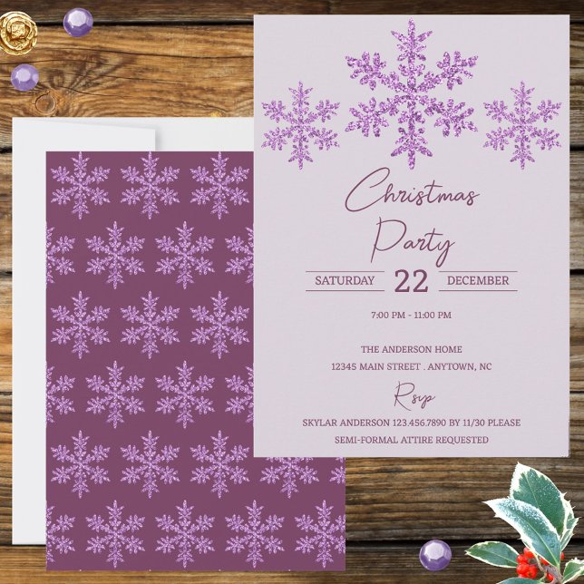 Snowflake Purple Glam Elegant Festive Christmas (Trendy purple snowflakes Christmas Party invitations personalized by you for your holiday gala)
