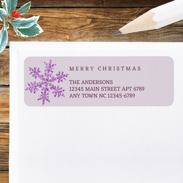 Snowflake Purple Glam Informal Casual Christmas (Create your own custom return address labels in this purple faux glitter snowflake Christmas theme)