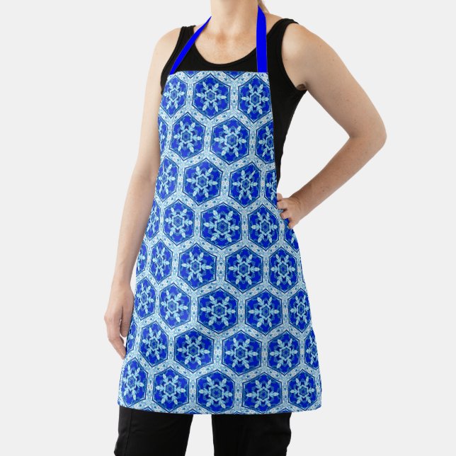 Snowflake Quit Pattern - Cobalt Blue and White Apron (Insitu)