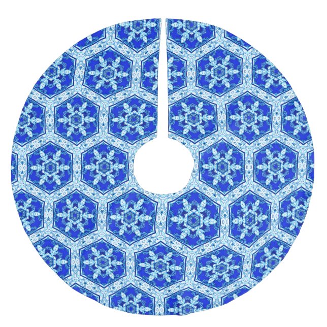 Snowflake Quit Pattern - Cobalt Blue and White Brushed Polyester Tree Skirt (Front)
