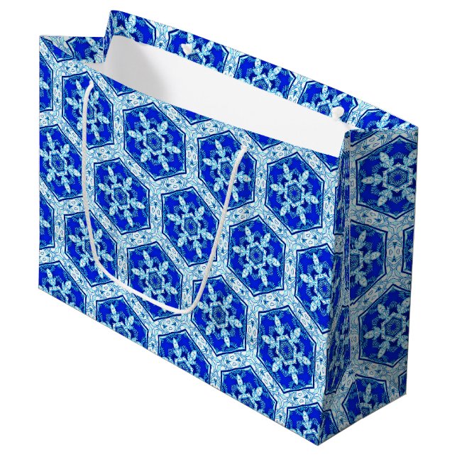 Snowflake Quit Pattern - Cobalt Blue and White  Large Gift Bag (Front Angled)