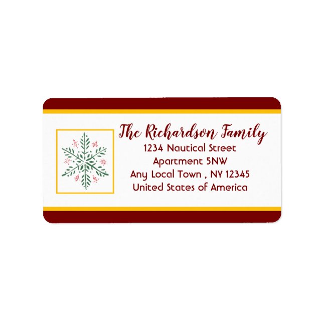 Snowflake Red and Gold Holiday Card Label (Front)
