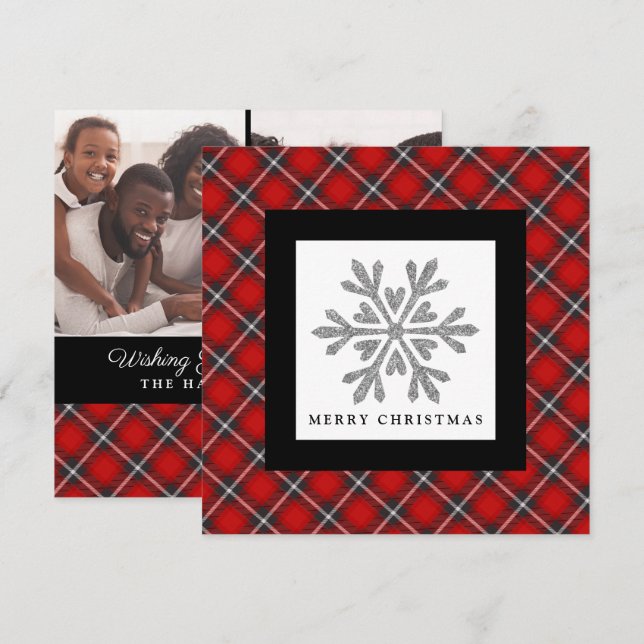Snowflake Red Black Plaid 2 Photo Christmas Card (Front/Back)