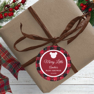 Snowflake Red Plaid Merry Little Baby Shower Stick Classic Round Sticker