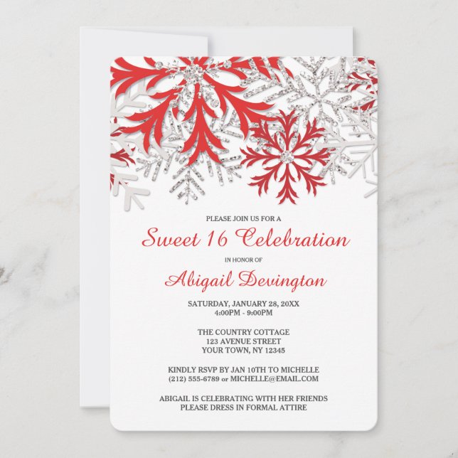 Snowflake Red Silver Winter Sweet 16 Invitations (Front)