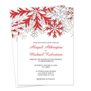 Snowflake Red Silver Winter Wedding Invitations