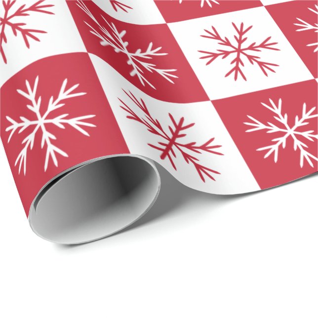 Snowflake Red White Checkered Pattern Christmas Wrapping Paper (Roll Corner)