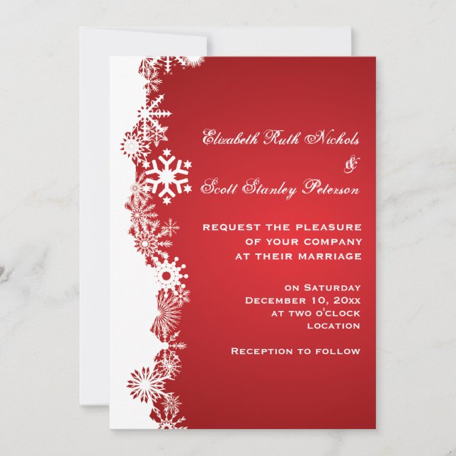 Snowflake red white winter wedding invitation (Front)
