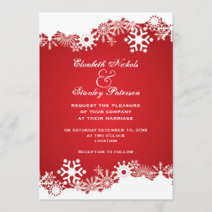Snowflake red white winter wedding invitation