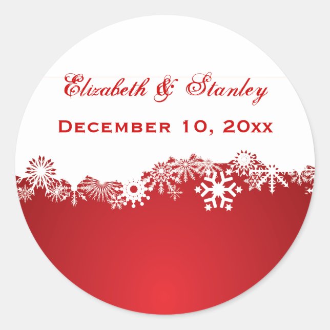 Snowflake red white winter wedding Save the Date Classic Round Sticker (Front)