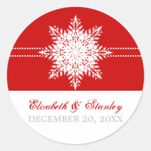 Snowflake red winter wedding Save the Date Classic Round Sticker