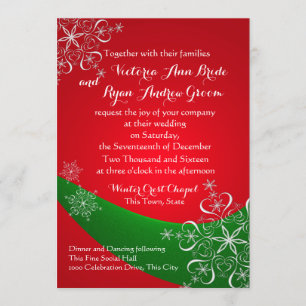 Snowflake Red with Green Winter Wedding Invitation