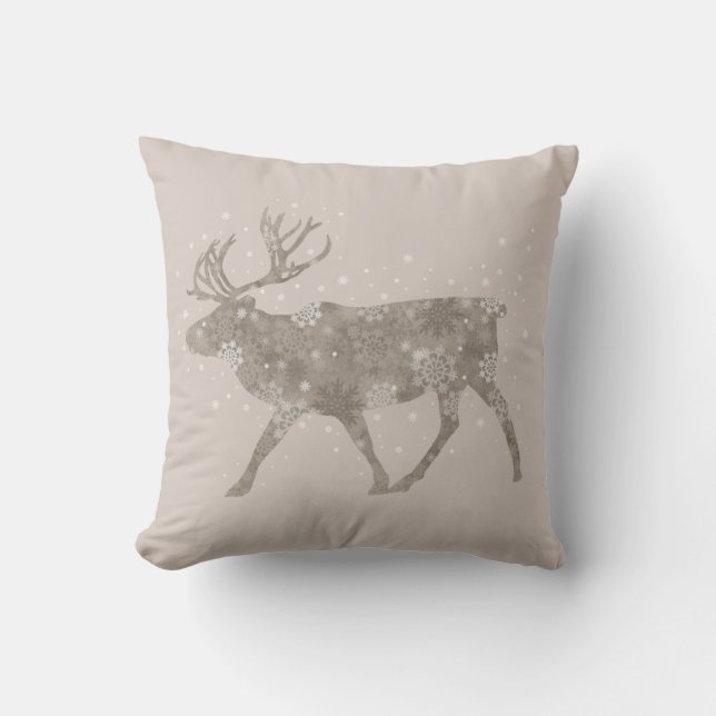 Snowflake Reindeer On Light Tan Throw Pillow (Front)