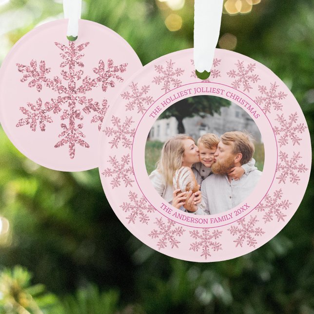 Snowflake rose Glam mignon Noël rond photo (Your photo on one side and a single faux glitter pink snowflake on the reverse)