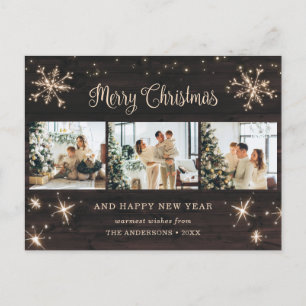 Snowflake Rustic Wood 3 Photo Collage Holiday Postcard
