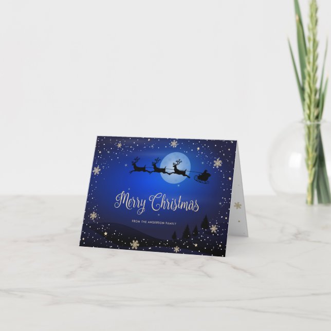 Snowflake Santa Reindeer Blue Photo Christmas Card (Front)