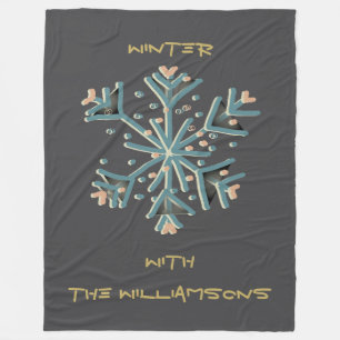 Snowflake script grey gold teal simple modern cute fleece blanket
