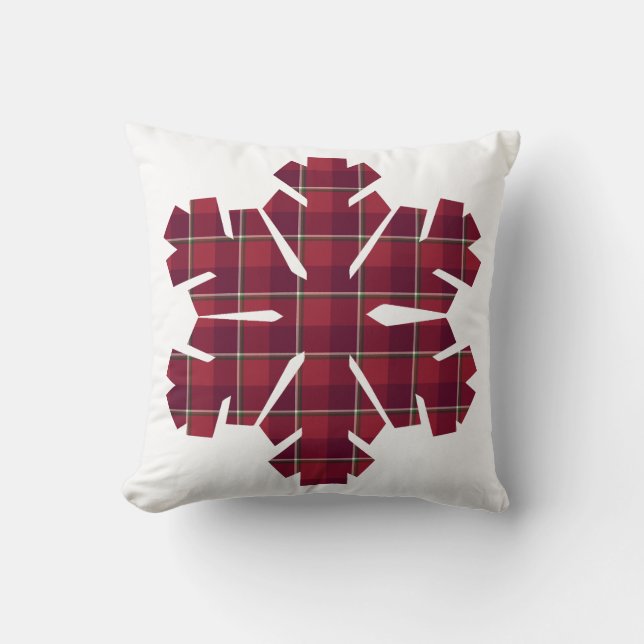 Snowflake Shaped Plaid Red Burgundy Throw Pillow (Front)