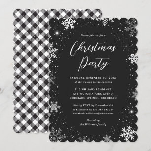 Snowflake Snow Black White Plaid Christmas Party Invitation