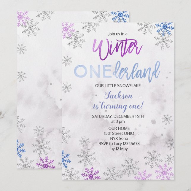 Snowflake Snow Onederland First Birthday Invite (Front/Back)