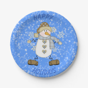 Snowflake Snowman Blue Paper Plate