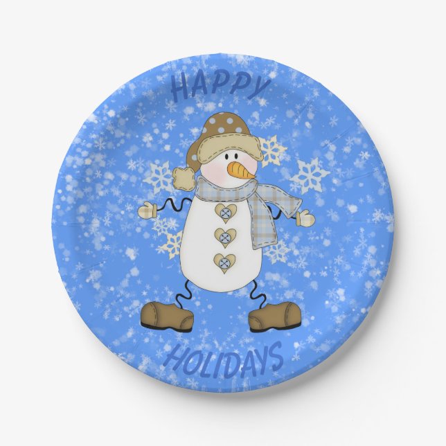 Snowflake Snowman Blue Paper Plate (Front)