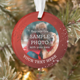Snowflake Stars Photo Red Ornament