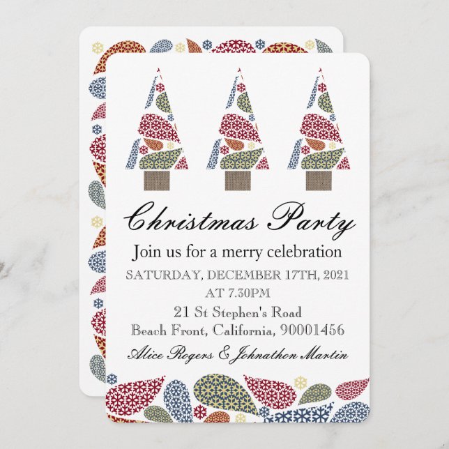 Snowflake Teardrops Tree Christmas Party Invitatio Invitation (Front/Back)