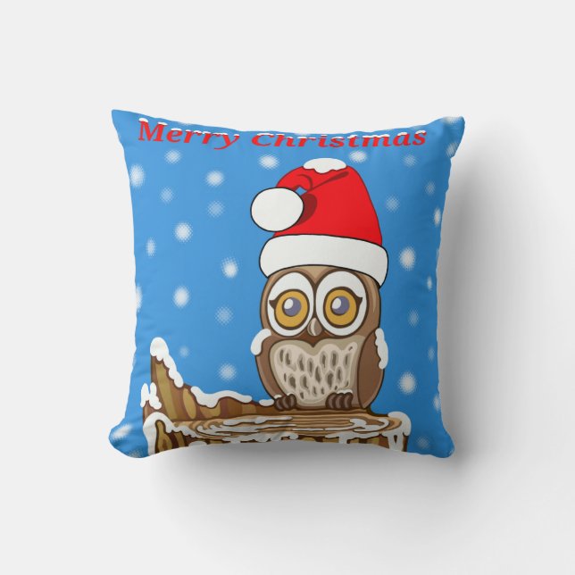 Snowflake the Owl at Christmas Throw Pillow (Front)
