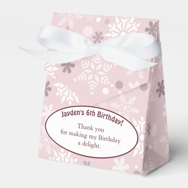 Snowflake-Themed 6th Birthday Party Pale Pink Favor Box (Front Side)
