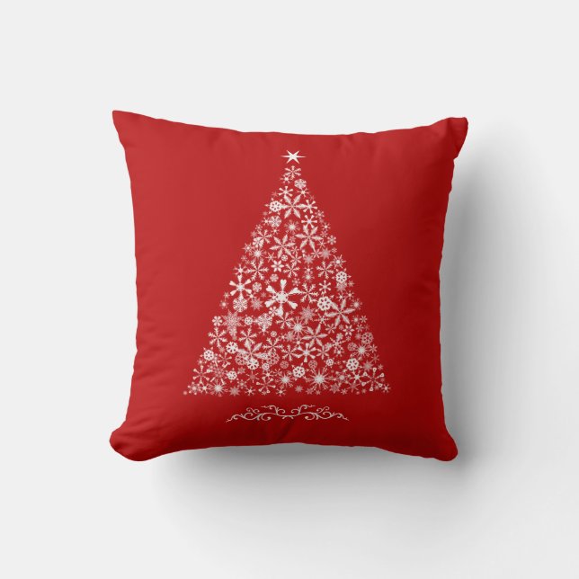Snowflake Tree on Red Throw Pillow (Front)