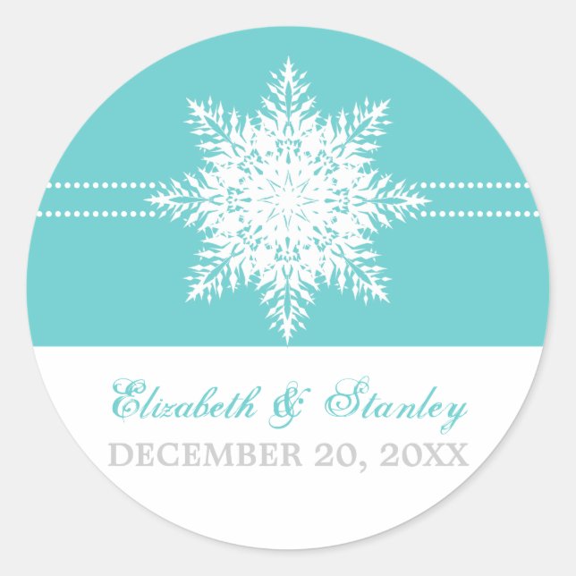 Snowflake turquoise winter wedding Save the Date Classic Round Sticker (Front)