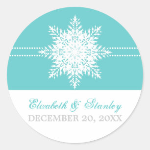Snowflake turquoise winter wedding Save the Date Classic Round Sticker