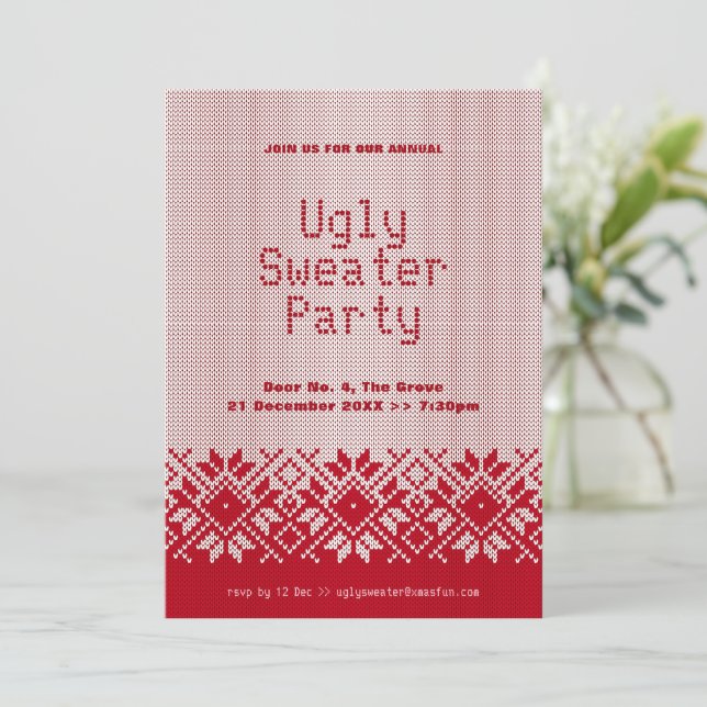 Snowflake Ugly Sweater Party Red Christmas Invitation (Standing Front)