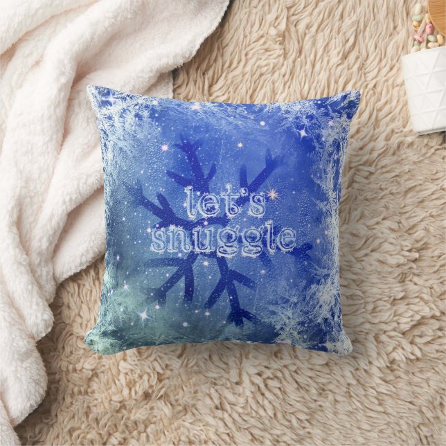 Snowflake Watercolor Blue Lets Snuggle Throw Pillow (Blanket)