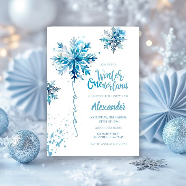 Snowflake Watercolor Blue Winter ONEderland Invitation (Creator Uploaded)