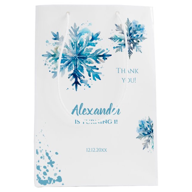 Snowflake Watercolor Blue Winter ONEderland Medium Gift Bag (Front)