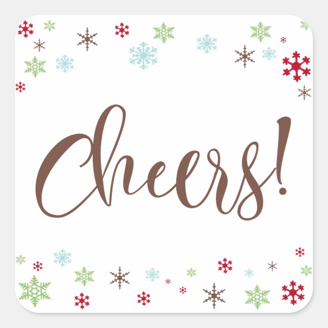 Snowflake Whimsy Cheers, Brown Typography Square Sticker (Front)