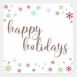 Snowflake Whimsy Happy Holidays, Brown Typography Square Sticker