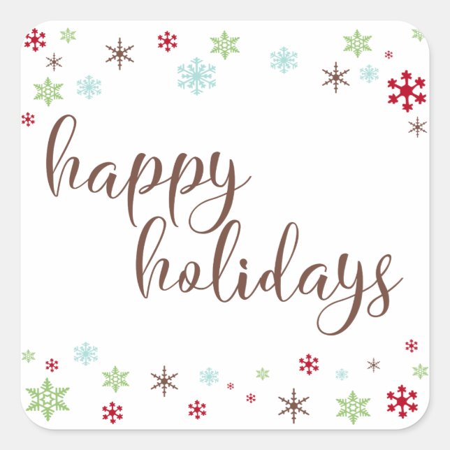 Snowflake Whimsy Happy Holidays, Brown Typography Square Sticker (Front)