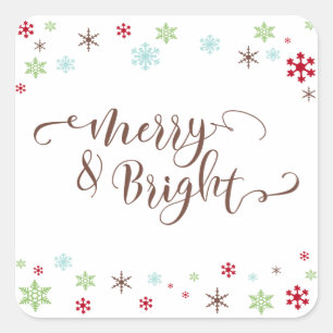 Snowflake Whimsy Merry & Bright, Brown Typography Square Sticker