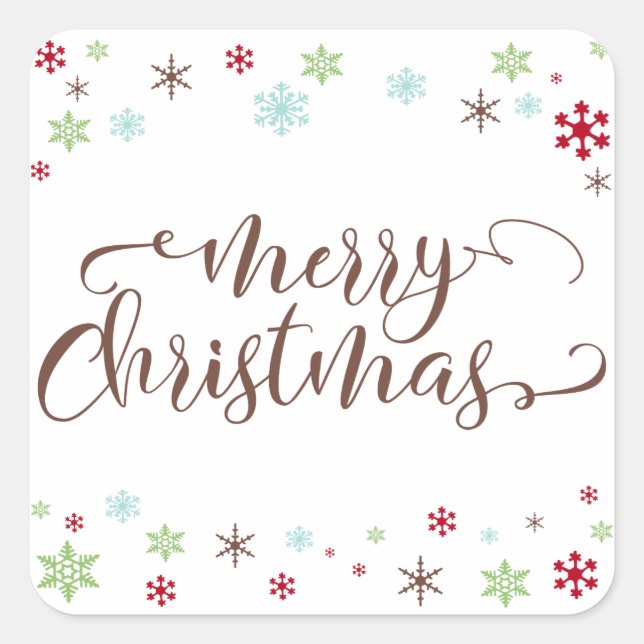 Snowflake Whimsy Merry Christmas, Brown Typography Square Sticker (Front)