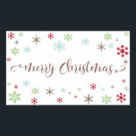 Snowflake Whimsy Merry Christmas Brown Typography Sticker<br><div class="desc">Send your Christmas greetings with style! Using a fresh, modern palette with a retro vibe, this whimsical design was created for those who enjoy trends but appreciate a unique flavour. The words "Merry Christmas" are rendered in a swirling calligraphy font, in brown. Around the words are snowflakes in bright red,...</div>