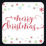 Snowflake Whimsy Merry Christmas Red Typography Square Sticker<br><div class="desc">Send your Christmas greetings with style! Using a fresh, modern palette with a retro vibe, this whimsical design was created for those who enjoy trends but appreciate a unique flavour. The words "Merry Christmas" are rendered in a swirling calligraphy font, in a cheerful bright red. Around the words are snowflakes...</div>
