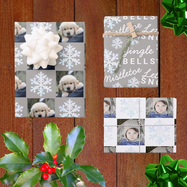 Snowflake White Opal Christmas 2 Photo Typography Wrapping Paper Sheet (Creator Uploaded)