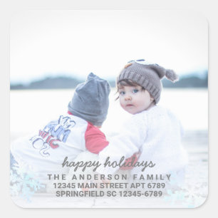Snowflake White Opal Fun Photo Holiday Address Square Sticker