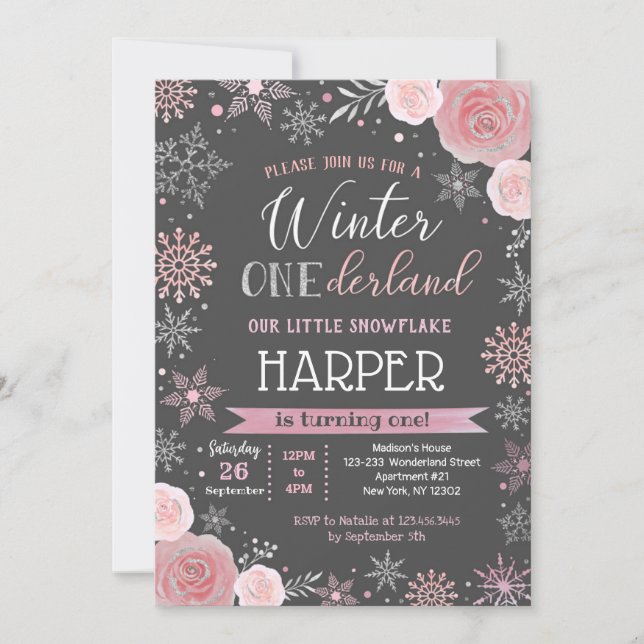 Snowflake Winter 1st Birthday Party Invitations (Front)