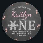 Snowflake Winter Chalkboard 1st Birthday Classic Round Sticker<br><div class="desc">Celebrate in style with these trendy 1st birthday party thank you stickers. The design is easy to personalize with your own wording and your family and friends will be thrilled when they see these fabulous stickers.</div>