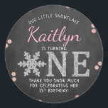 Snowflake Winter Chalkboard 1st Birthday Classic Round Sticker<br><div class="desc">Celebrate in style with these trendy 1st birthday party thank you stickers. The design is easy to personalize with your own wording and your family and friends will be thrilled when they see these fabulous stickers.</div>